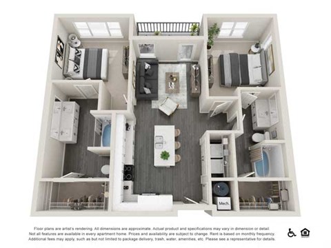 Floor plan for 2 beds, 2 baths, 1069 sqft